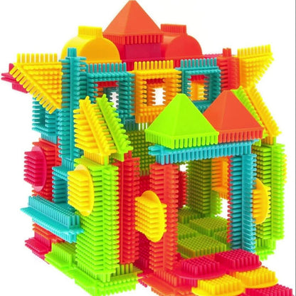 Building Block Set Bristle Construction Pieces, 150-Piece Colorful Interlocking Shapes with Storage Tub