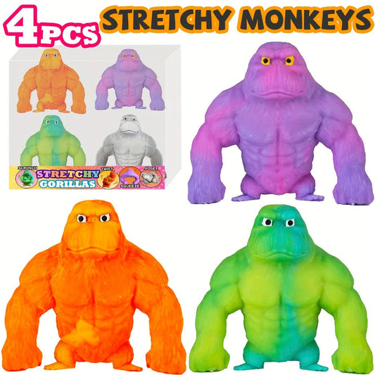 Squishy Monkey Stretchy Fidget Toy 4pcs – Mega Gorilla Squish & Stretch Stress Relief Toy, PVA Sponge Filling, Random Colors, Fun Kids Sensory Toy Party Favor Gift