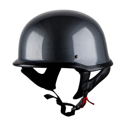 German Style Motorcycle Half Face Helmet – Novelty Skull & Carbon Fiber Design, UV Glossy Finish, Removable Washable Padding, Quick Release Buckle, Adult M/L/XL