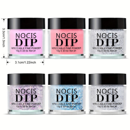Dip Powder Nail Kit with NOCIS Label, Six 10g Thermal Color-Shift and Mixed Glitter Powder Jars