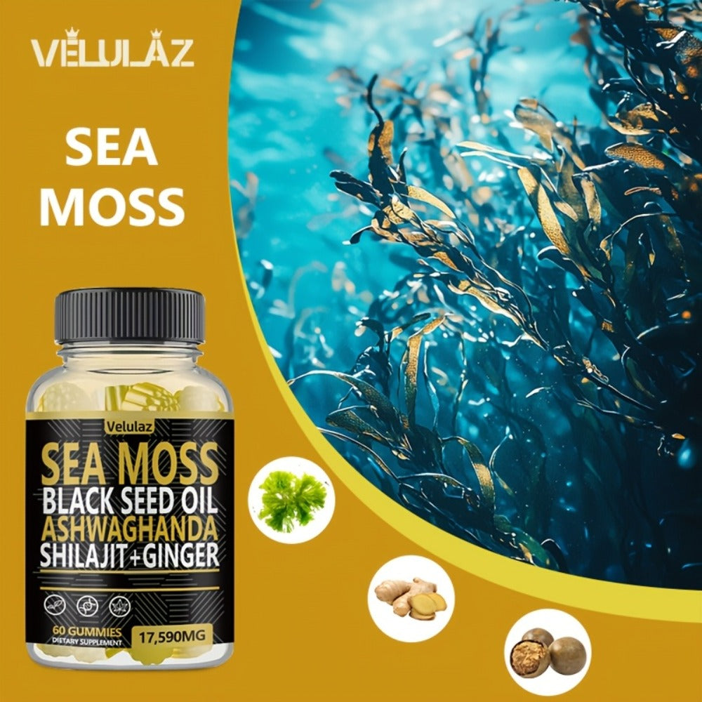 Sea Moss Herbal Gummies, 60 Count with Black Seed Oil, Ashwagandha, Shilajit and Ginger Blend