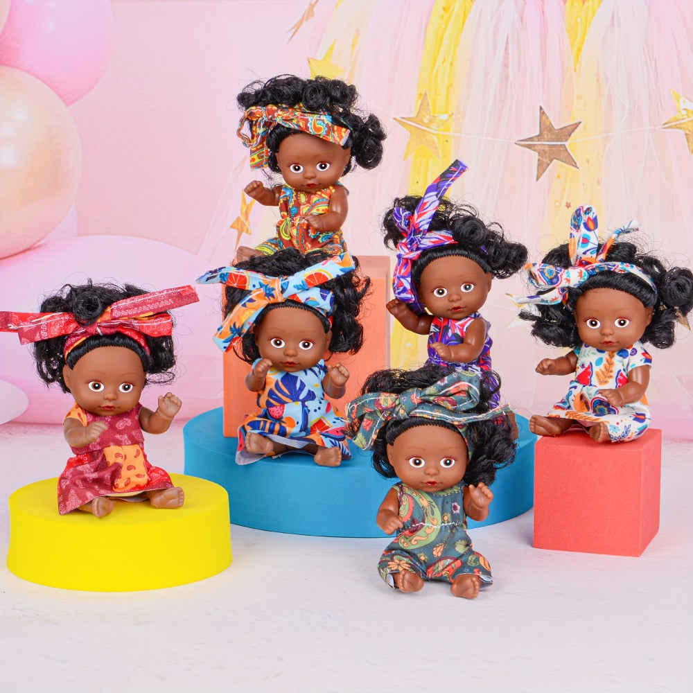 Mini Baby Doll Six-Piece Set with Dark Skin Tones, 4.53-Inch Dolls, Curly Hair and Patterned Outfits