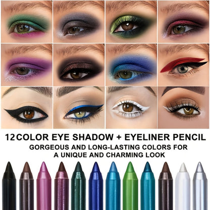 Squalane 2-in-1 Eyeliner & Eye Shadow Pen Set 12 Pcs – Waterproof Sweat-Resistant Long Lasting Multicolor Eye Makeup Kit with Pencil Sharpener, Perfect Gift for Women