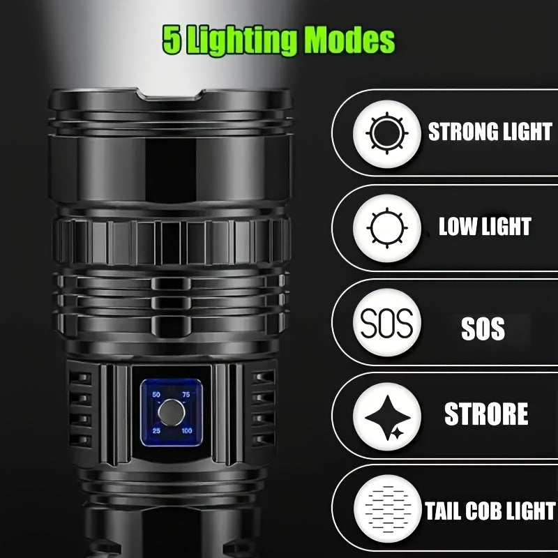 Flashlight Extra-Large Zoomable Torch with Five Modes, COB Tail Light and USB Power-Bank Output
