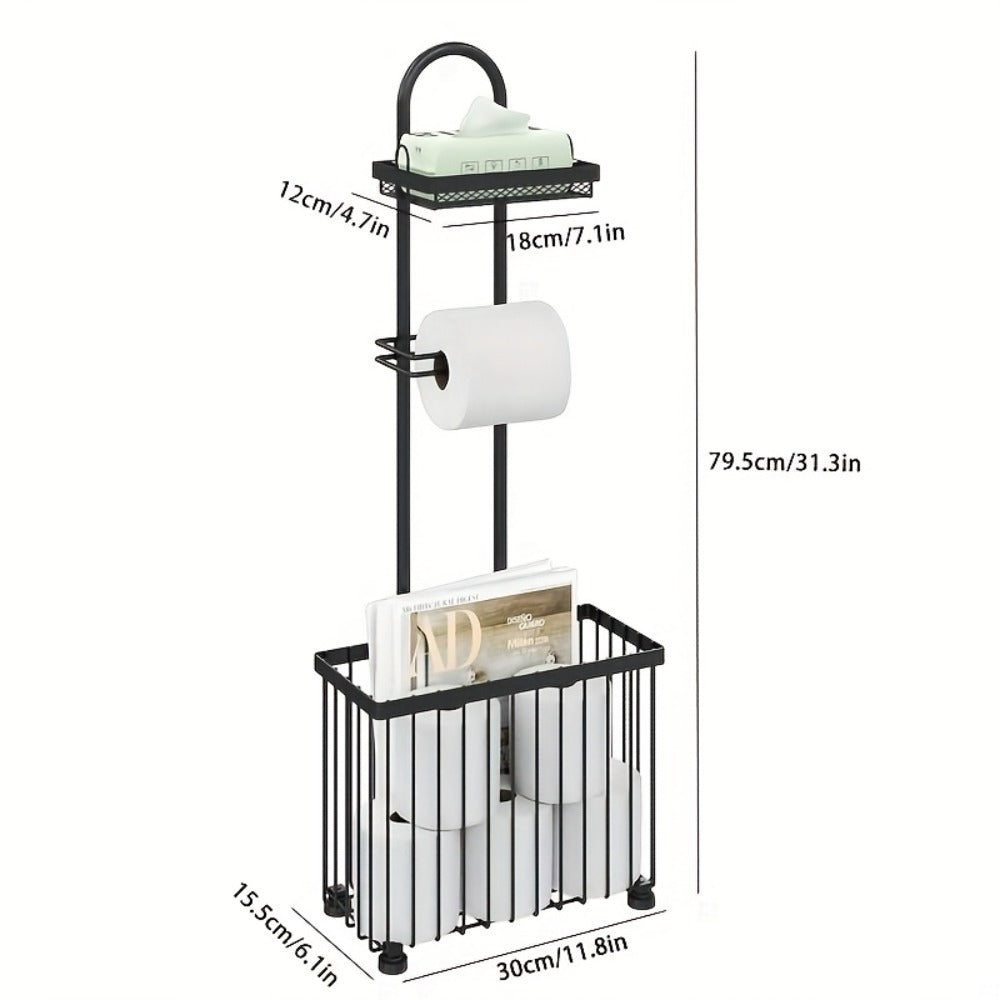 Freestanding Toilet Paper Holder with Rectangular Six-Roll Storage Basket, Upper Shelf and Pack Options