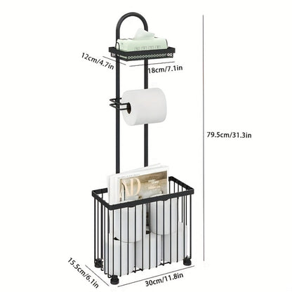 Freestanding Toilet Paper Holder with Rectangular Six-Roll Storage Basket, Upper Shelf and Pack Options