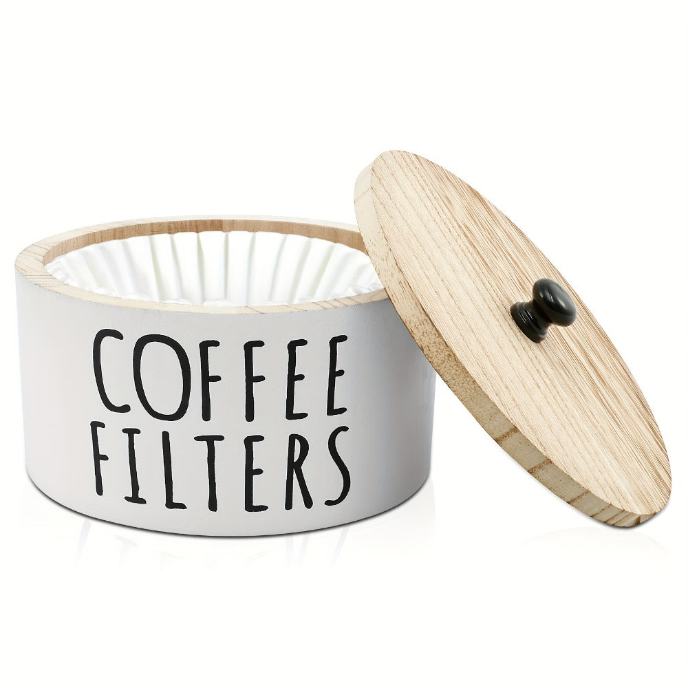 Wooden Coffee Filter Holder with Lid – Large Capacity Rustic Round Organizer Dispenser for Coffee Filters & Tea Bags, Bamboo Lid, Kitchen Countertop Coffee Bar Decor