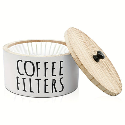 Wooden Coffee Filter Holder with Lid – Large Capacity Rustic Round Organizer Dispenser for Coffee Filters & Tea Bags, Bamboo Lid, Kitchen Countertop Coffee Bar Decor