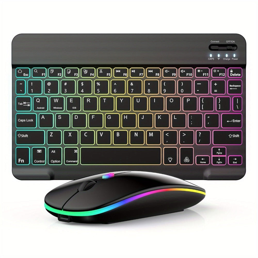 Wireless RGB Backlit Gaming Keyboard and Mouse Combo with Mouse Pad – 10-Inch Portable Keyboard Mouse Set for PC iOS Android Tablets | Rechargeable RGB Desk Setup Keyboard