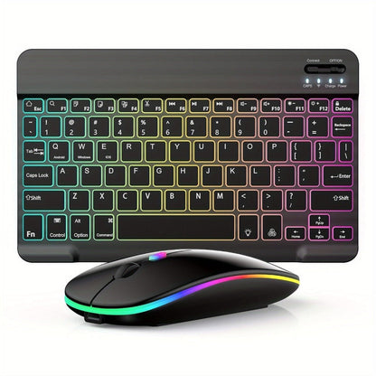 Wireless RGB Backlit Gaming Keyboard and Mouse Combo with Mouse Pad – 10-Inch Portable Keyboard Mouse Set for PC iOS Android Tablets | Rechargeable RGB Desk Setup Keyboard