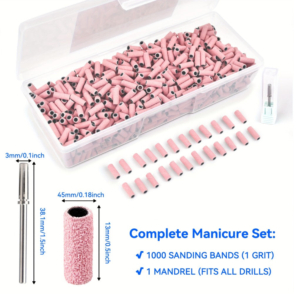 1000-Piece Nail Sanding Band Set with Mandrel, Coarse, Medium or Fine Grit Options for Nail Drill Filing