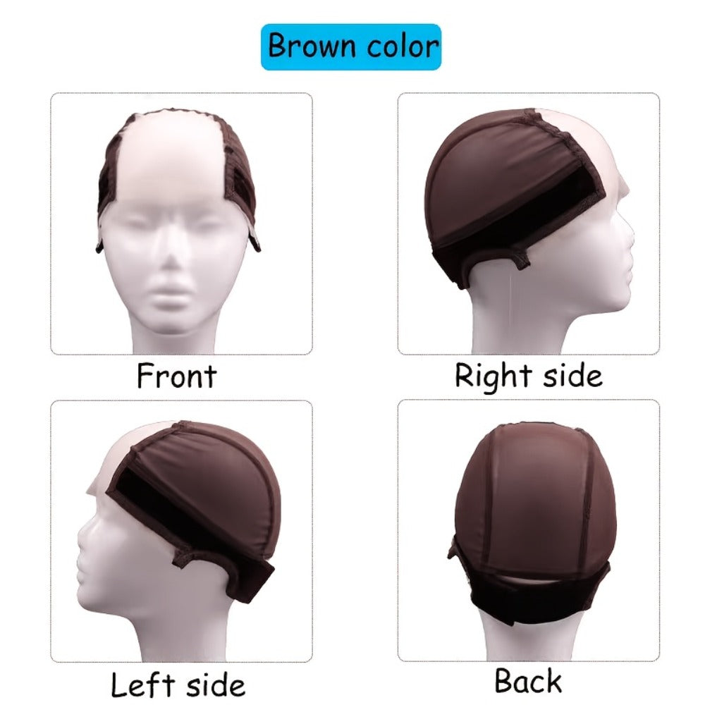 Wide Lace Wig Grip Caps, Two-Piece Set with Ear Cutouts and Adjustable Straps in Brown, Black or Beige