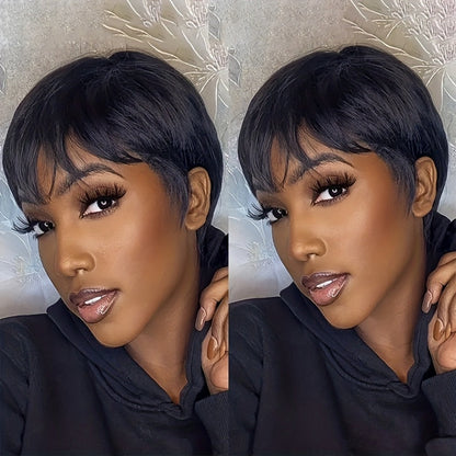 Human Hair Pixie Cut Wig with Bangs Glueless 180% Density Straight Black 6 Inch Rose Net Cap Machine Made Wig for African American Women