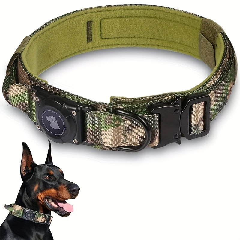 Tactical Dog Collar with Handle and Round Tracker Holder Case in Nine Colors and Sizes M to XL