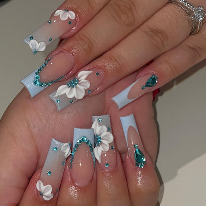 Long Ballerina Press On Nails 96 Pieces 4 Packs + 4 Bracelets Gift Set – Blue Gradient 3D Flower Butterfly Rhinestone Glossy Full Cover False Nails & Beaded Bangles for Women Girls | Prom Wedding Party