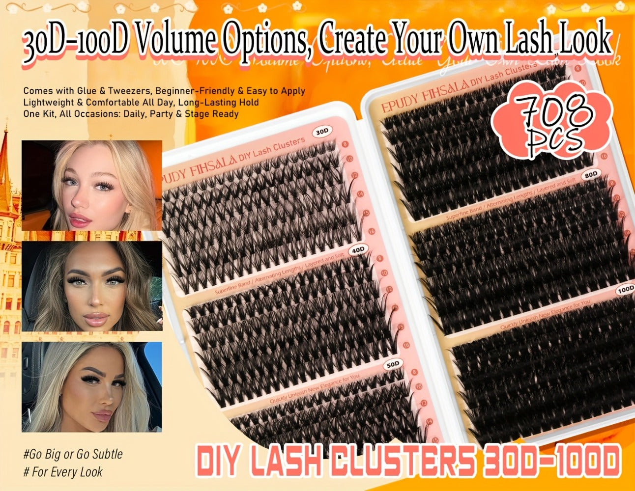 Lash Extension Kit with 708 Clusters in 8-16mm Mixed Lengths and 30D-100D Densities, Glue, Tweezers and Brush