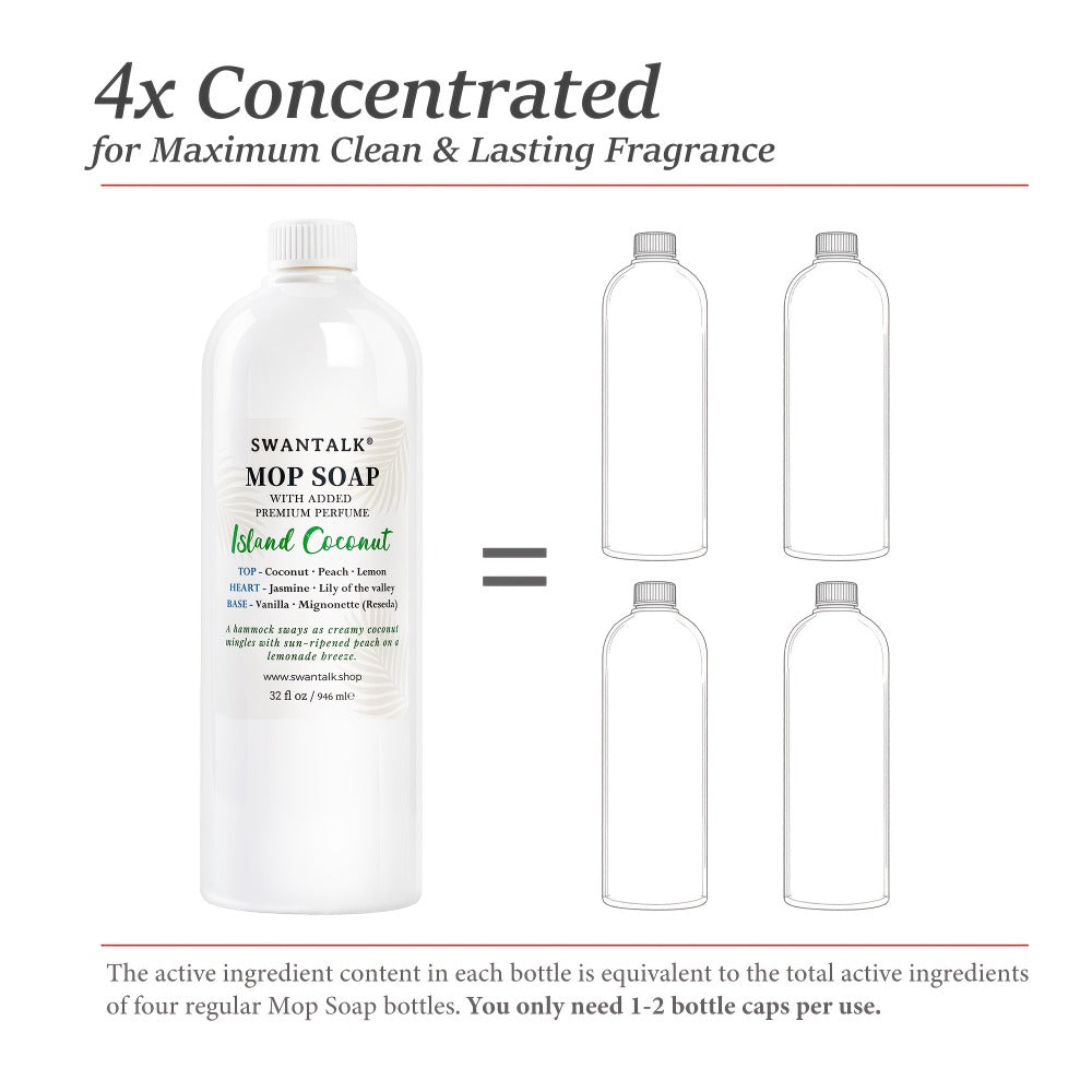 Concentrated Floor Cleaner 4X Formula 32 fl oz, SWANTALK Mop Soap Multi-Surface Streak-Free Floor Wash, Perfume-Inspired Deodorizing Cleaner, Pet Friendly – Brazilian Breeze, Island Coconut, Pacific Linen