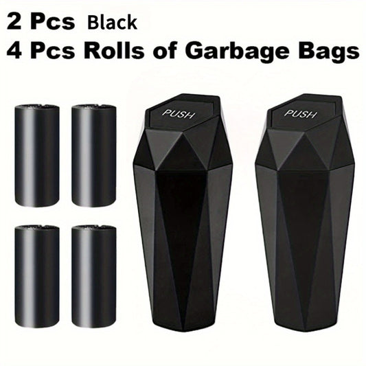 Car Trash Can with Trash Bags – Mini Diamond Design Car Bin Set, 2 Cans + 60 Bags (4 Rolls), One-Button Lid, Fits Cars Trucks SUVs – Car Interior Organizer