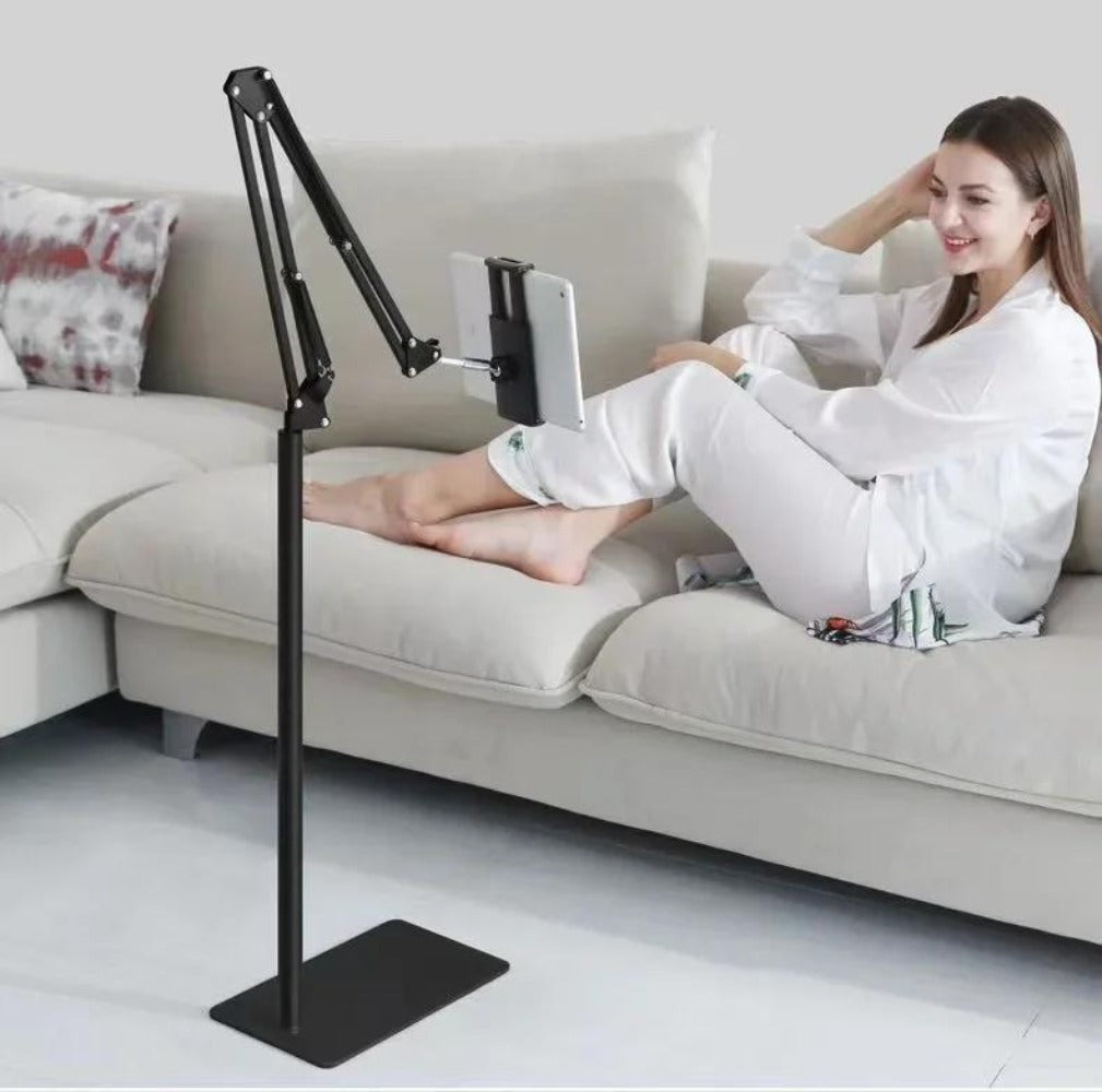 Floor-Standing Phone and Tablet Holder with Articulating Arm, Rotating Clamp and Exact 68.9-Inch Option