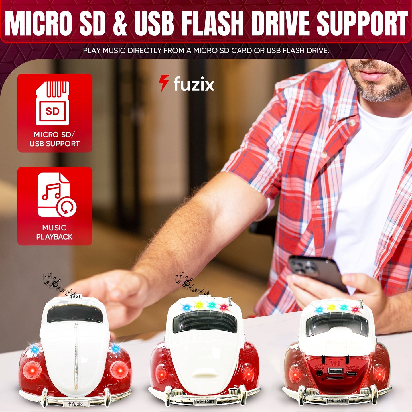 Fuzix WS-1958 Vintage Car Bluetooth Speaker with LED Headlights & Taillights | Retro Wireless Stereo, FM Radio, AUX/USB/TF, Built-in Mic, Rechargeable – Novelty Gift for Car Enthusiasts & Music Lovers