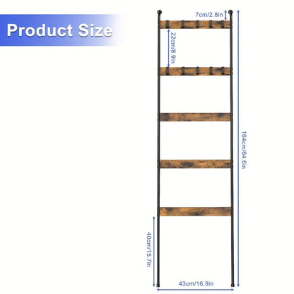 Blanket Ladder Rack 5 Tier with 10 Detachable Hooks - Freestanding Farmhouse Metal Towel Quilt Throw Storage Stand No Drilling Non-Slip Pads | Brown Black | Living Room Bathroom Bedroom Home Decor Organization