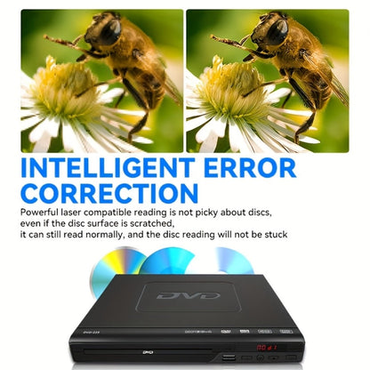Compact Black DVD Player with USB Port, AV Output, Remote Control, RCA Cable and US Plug for Home TV