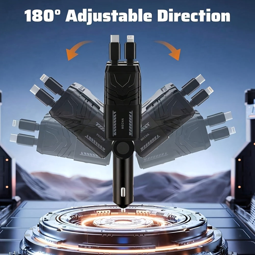 120W Fast Car Charger 4-in-1 with Retractable PD 3.0 Type-C Cable & Multi-Port USB Adapter – Short Circuit & Overheat Protection for iPhone Samsung Galaxy S25 Ultra Huawei Android, 4 Colors Available