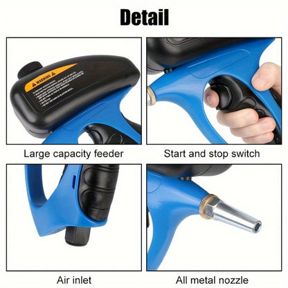 Sandblaster Gun for Air Compressor Pneumatic Abrasive Blasting – 90 PSI Max, 500ml Tank, Small Nozzle, for Metal Rust Removal, Glass Etching, Polishing & Auto Repair – Blue, Red & Yellow