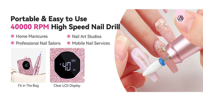 40,000 RPM Rechargeable Nail Drill in Bright Pink with 4000 mAh Battery, LCD Display and Tool Set