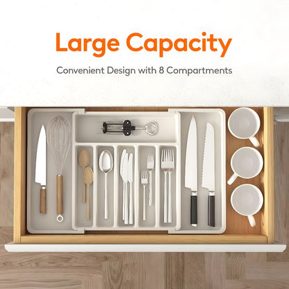 Expandable Eight-Compartment Drawer Organizer for Cutlery with Black, Grey or White Color Options