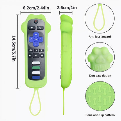 Luminous Green Dog-Paw Remote Control Case with Wrist Loop for Pictured Roku-Style Button Layout