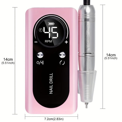 Electric Nail Drill 45000 RPM Cordless Kit with Power Display, Adjustable Speed and Three Colors