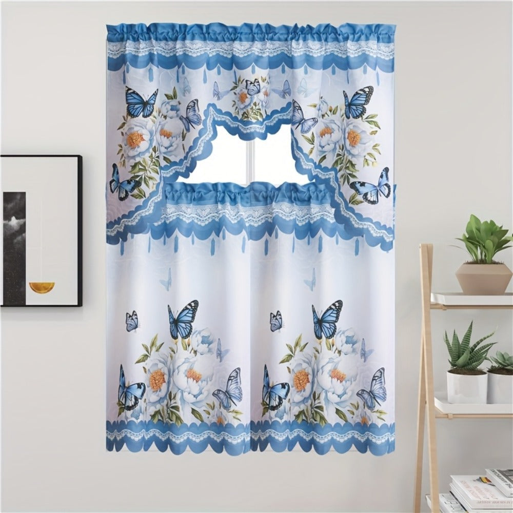 Blackout Kitchen Curtains 3-Piece Set with Butterfly Floral Print - Rod Pocket Window Curtains for Kitchen, Living Room, Bedroom, Bathroom & Restaurant, Polyester Fabric, Machine Washable
