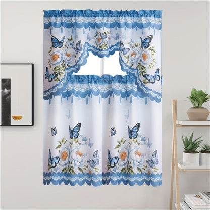 Blackout Kitchen Curtains 3-Piece Set with Butterfly Floral Print - Rod Pocket Window Curtains for Kitchen, Living Room, Bedroom, Bathroom & Restaurant, Polyester Fabric, Machine Washable