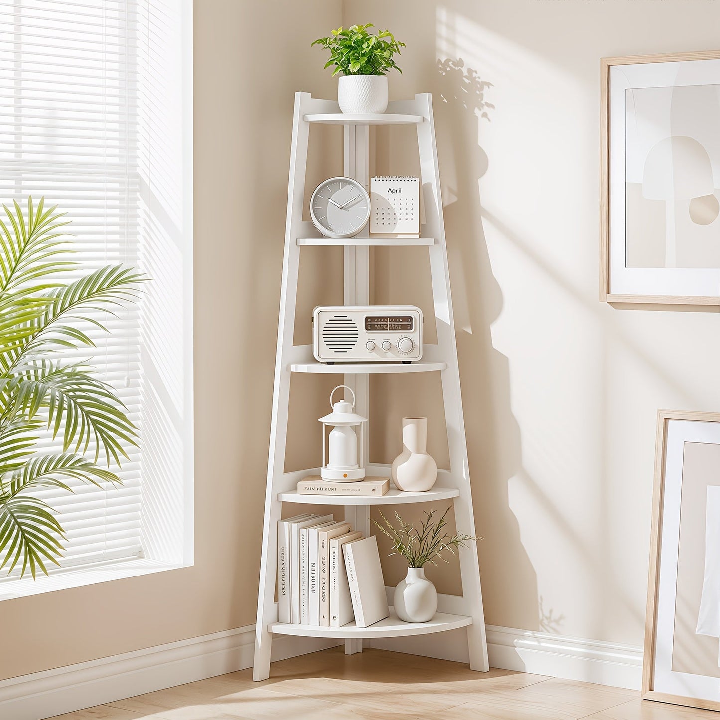 Corner Shelf 5-Tier Scandinavian Storage Cabinet – Space-Saving Vertical Organizer with Baskets, Shelves & Drawer, Modern Plastic Corner Rack for Home, Study, Balcony & Bathroom (White)