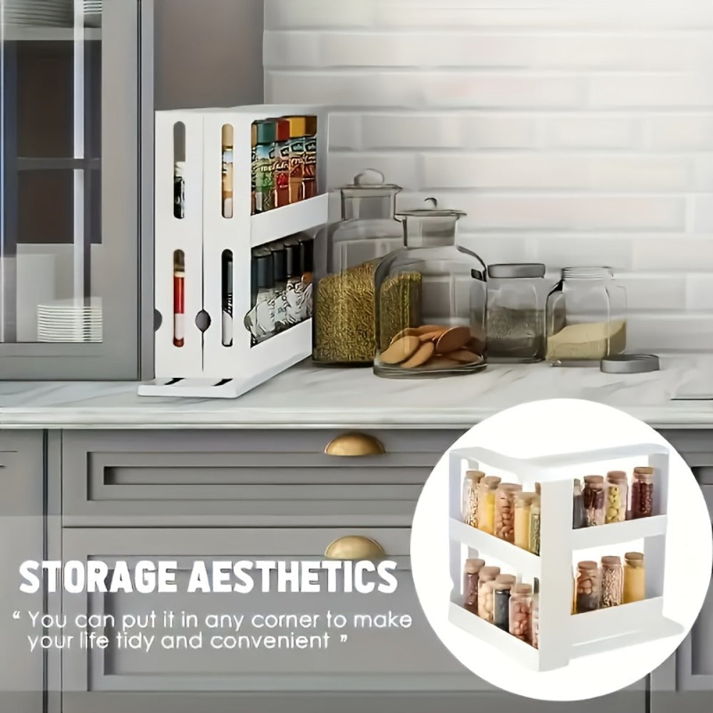 Two-Tier Rotating White Cabinet Organizer with Pull-Out Turntable Shelves for Spice and Pantry Storage