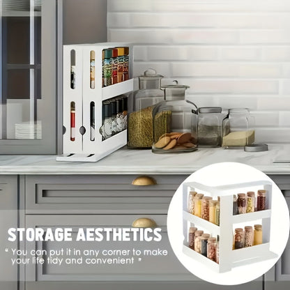 Two-Tier Rotating White Cabinet Organizer with Pull-Out Turntable Shelves for Spice and Pantry Storage