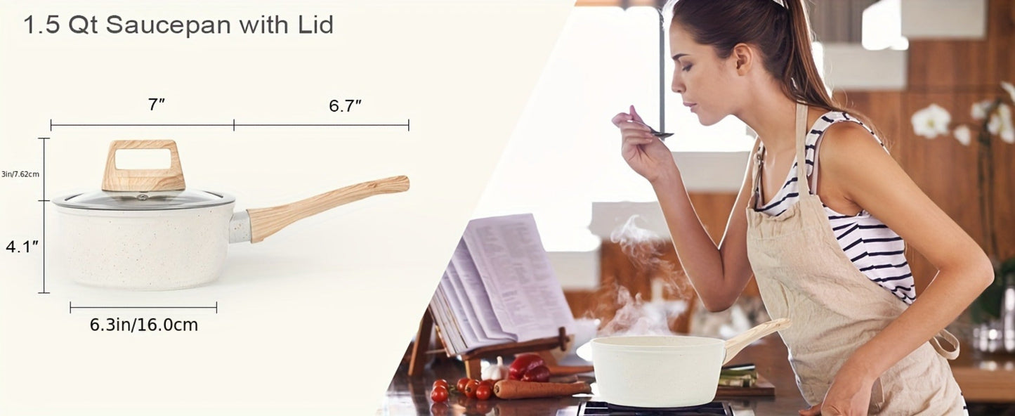 Black or White Nonstick Cookware Set with Frying Pans, Lidded Pots and Wood-Look Handles for Home Kitchens