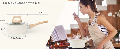 Black or White Nonstick Cookware Set with Frying Pans, Lidded Pots and Wood-Look Handles for Home Kitchens