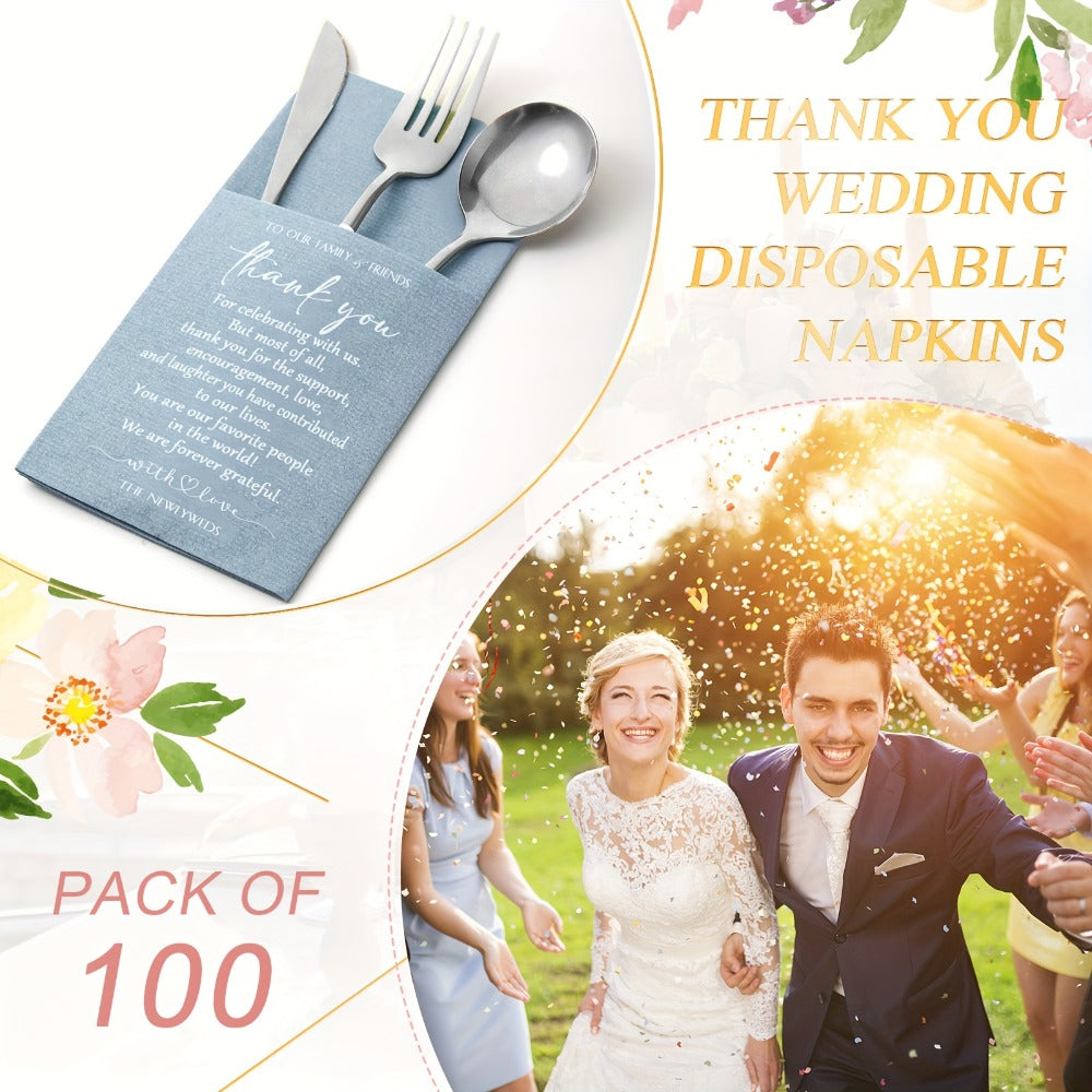 100-Piece Haze Blue Wedding Cocktail Napkin Set with Utensil Pockets for Receptions and Showers
