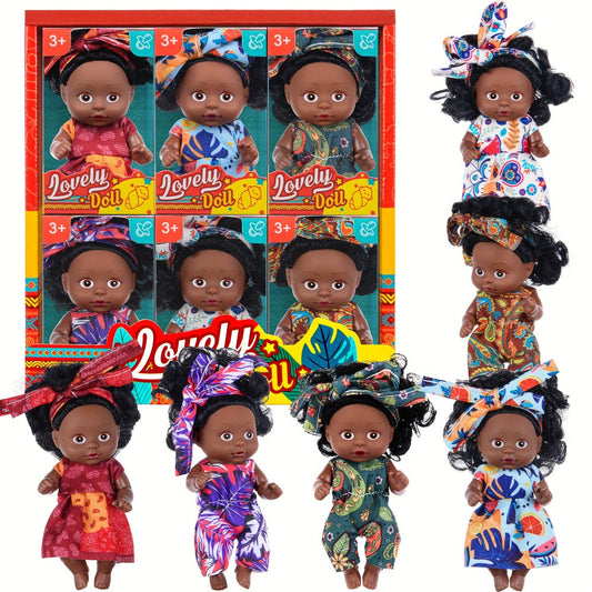 Mini Black Baby Doll Set 6 Pcs 4.5 Inch Curly Hair Rotatable Poseable – Flower Pajamas Gift Box, Cute Diverse Newborn Dolls for Kids, Birthday Christmas Holiday Gift for Girls Ages 3+ (Random Patterns)