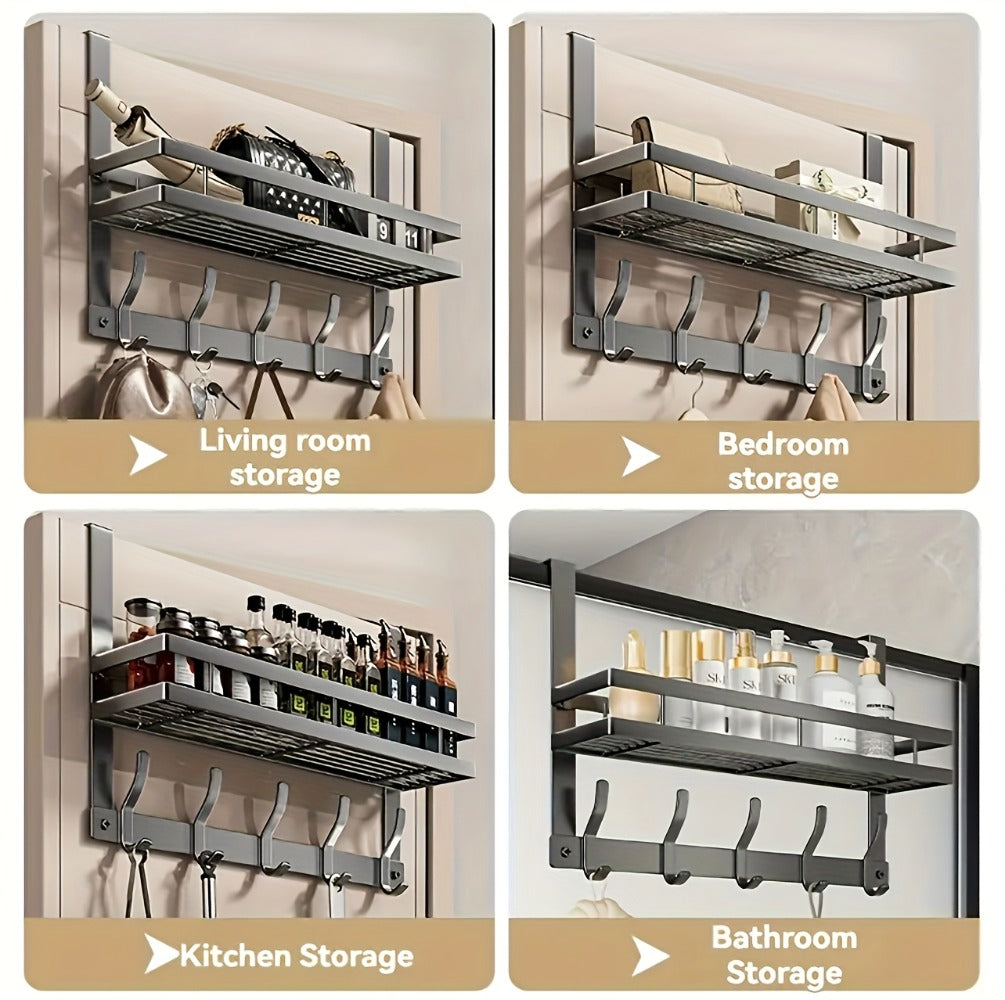 Over-the-Door Storage Rack with Hooks – Metal Multifunctional Organizer for Bedroom Bathroom Kitchen, 4/5/6/8 Hook Options in Gray & Black