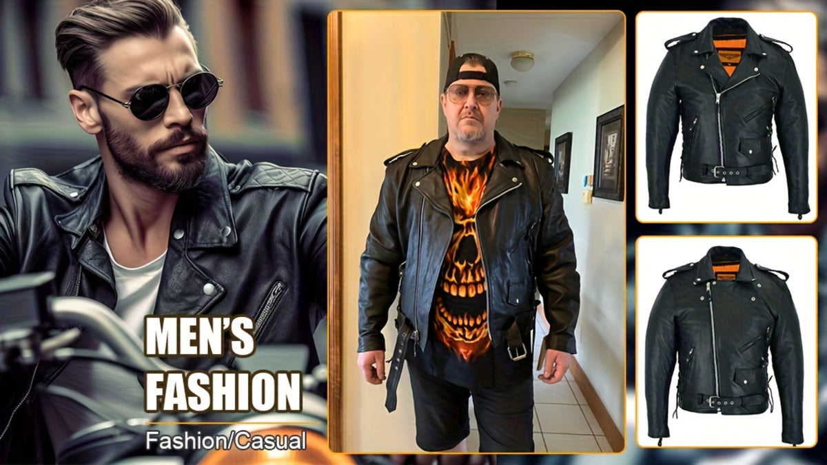 Motorcycle Leather Jacket Men – Heavy Duty Cowhide, Classic Black, Multiple Pockets, Adjustable Laces, Sizes S–XXXXL