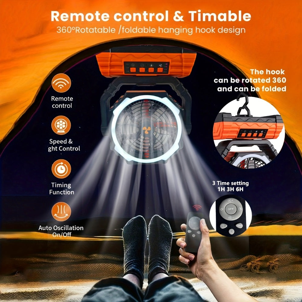 20000mAh-Label Four-Speed Dual-Motor Camping Fan with Remote, Hook and Four Lantern Panels