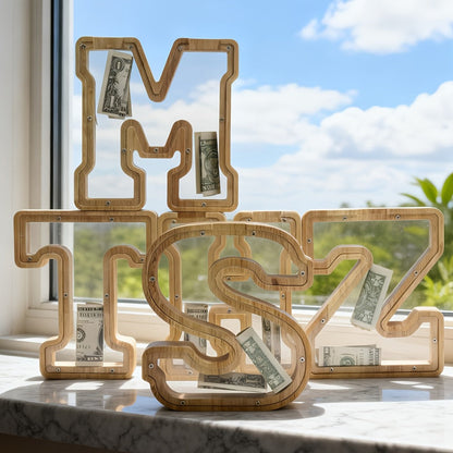 Alphabet Wooden Money Bank with Clear Front Panel, Coin Slot and A-to-Z Letter Options for Adults