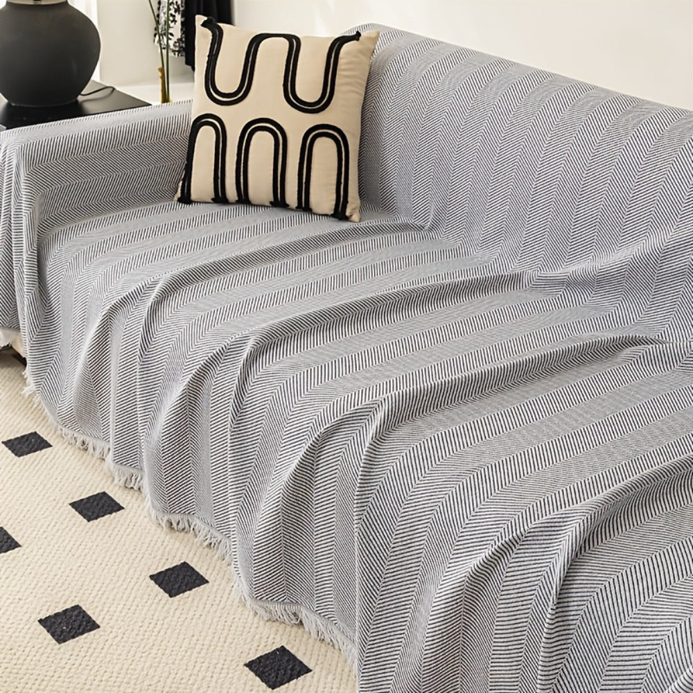 Sofa Cover 71-Inch Herringbone Jacquard Woven Throw with Tassel Fringe in Grey, Coffee, Green or Blue