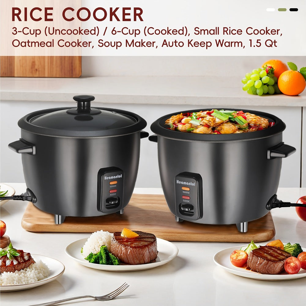 Three-Cup Uncooked / Six-Cup Cooked Rice Cooker with One-Touch Cook and Warm Modes, Inner Pot and Accessories