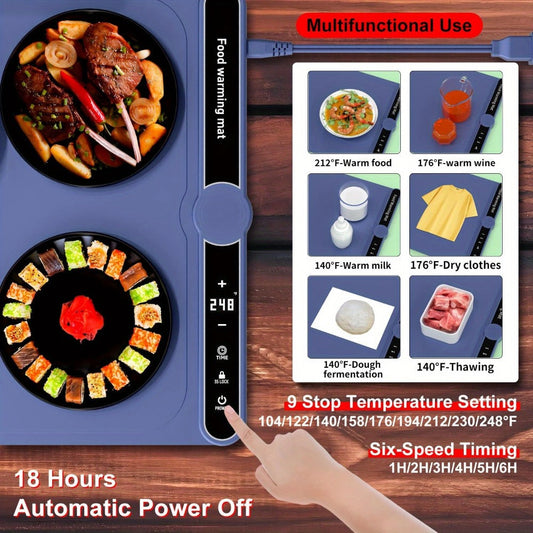 Electric Food Warming Mat with 6 Temperature Levels & 6-Hour Timer – Full Surface Roll-Up Heating Tray for Holiday Parties Buffets Dining Table Keeps Food Warm Blue Beige