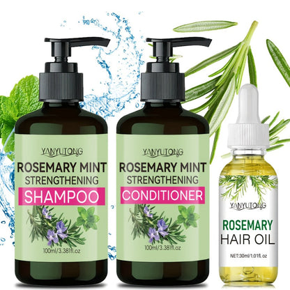 Three-Piece Rosemary Mint Hair Care Set with 3.38 oz Pump Shampoo, Conditioner and Oil Formats