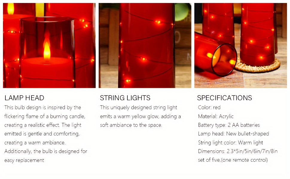 Flameless LED Candles with Remote Control Timer and Star String Lights Set of 5 or 7 Pillar Candles for Wedding Garden Home Decor Anniversary Gift Grey Ivory Gold Red